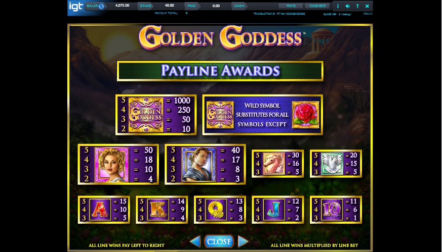 Golden Goddess Slot Machine » Free Play in Demo by IGT